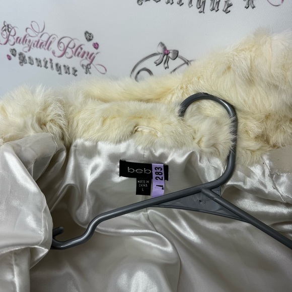 Bebe corset coat jacket snow bunny fur rabbit White Quilted Jacket Fur Trim hood - Picture 5 of 16